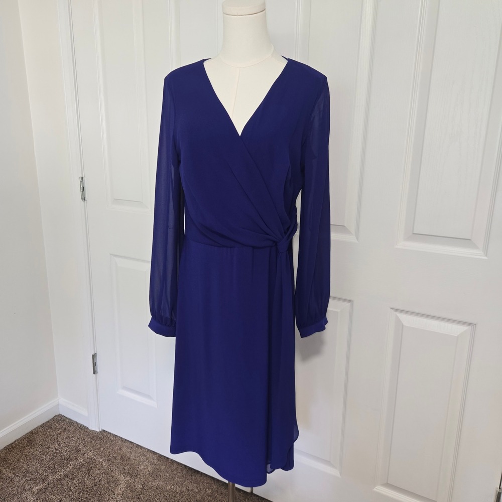 Lauren Ralph Lauren Faux Wrap Dress Womens 10 Royal Blue Sheer Long Sleeve Midi